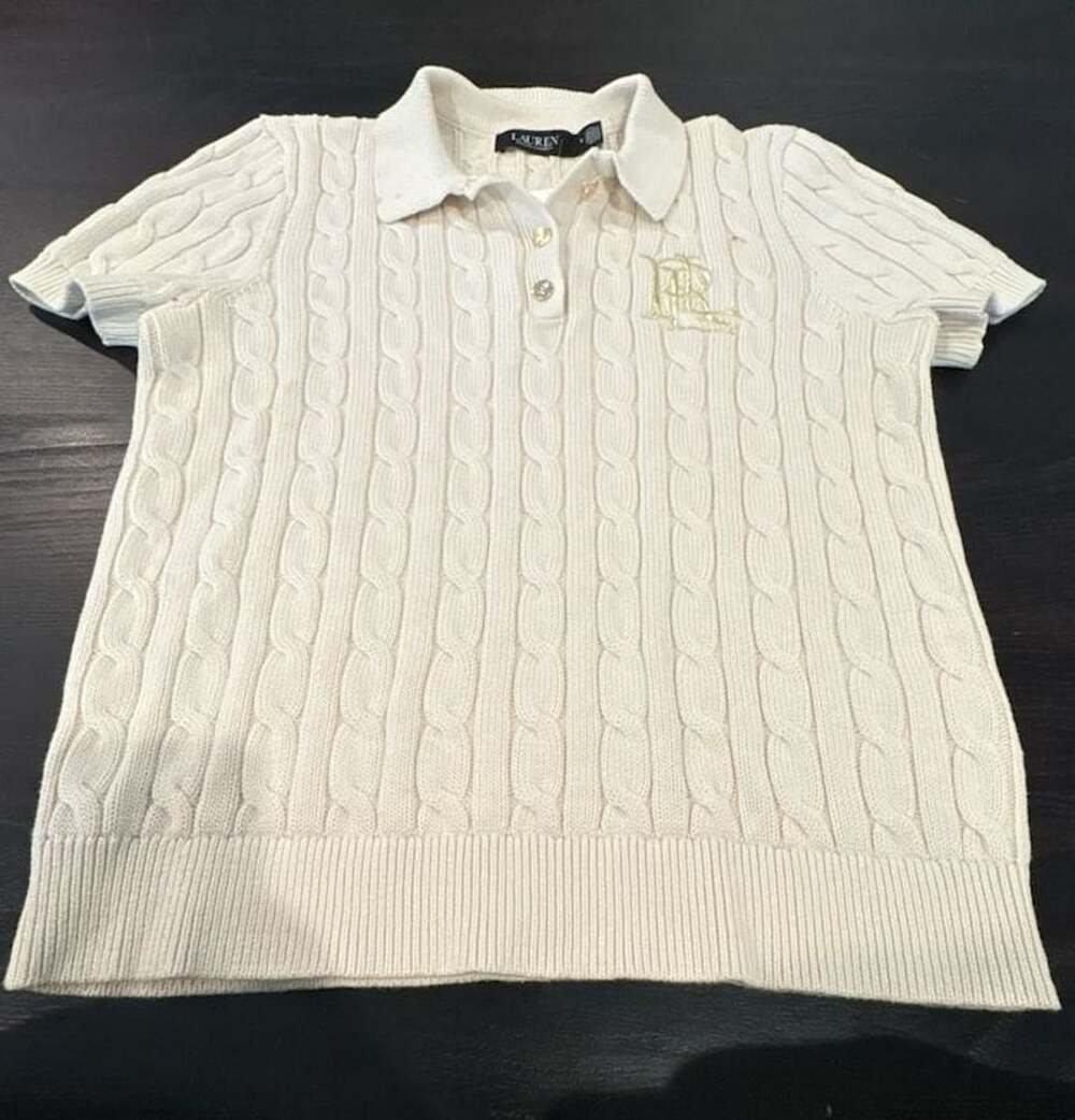 Ralph Lauren Cable Knit Cotton Polo Sweater Cream Size M New needs cleaning